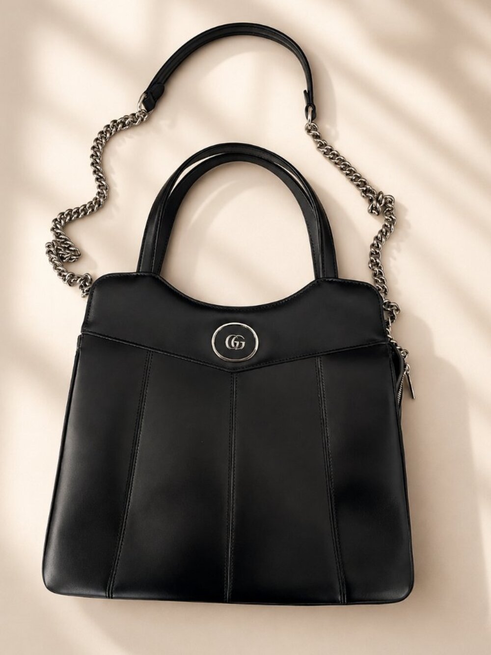 $3,895 NEW Gucci Black Leather GG Top-Handle Shoulder Bag Chain strap silver GG